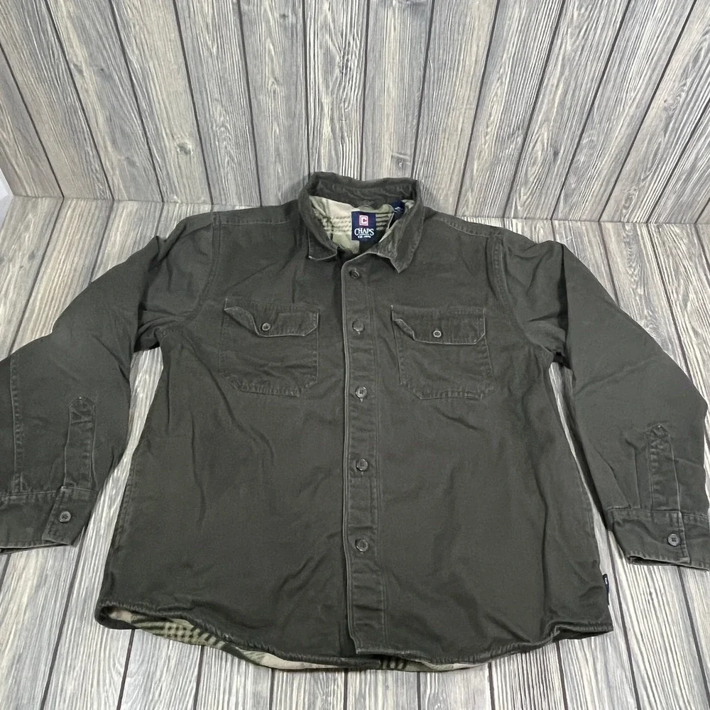 Chaps Shacket Men L Green Fleece Lined Cotton Canvas Workwear Chore Jacket